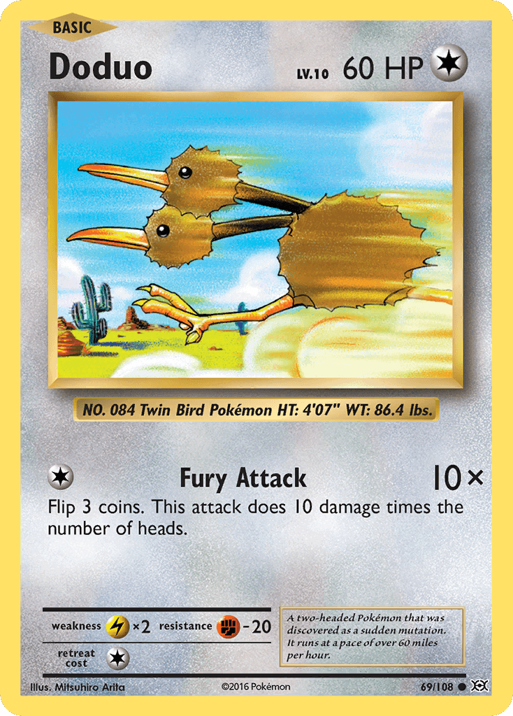Doduo (69/108) [XY: Evolutions] card featuring the Twin Bird Pokémon with Fury Attack move.