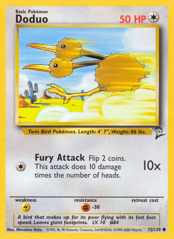 Doduo (72/130) [Base Set 2] card featuring its Fury Attack and description of the Twin Bird Pokémon.