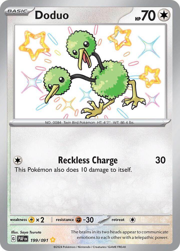 Doduo (199/091) [Scarlet & Violet: Paldean Fates] featuring its unique abilities and shiny rare design.