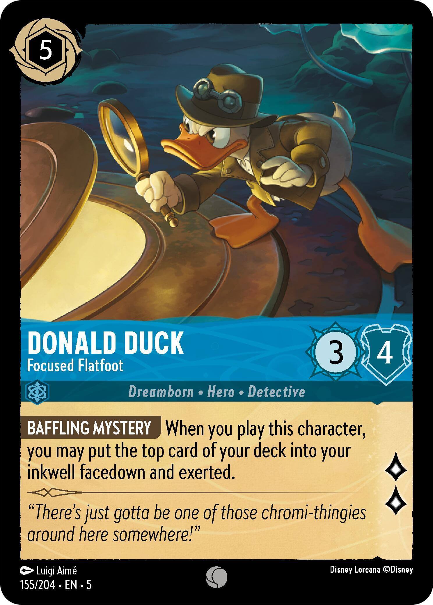 Donald Duck - Focused Flatfoot (155/204) [Shimmering Skies] card depicting a detective character.