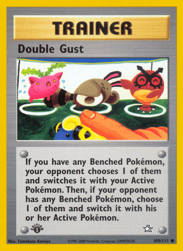 Double Gust (100/111) [Neo Genesis 1st Edition] Trainer card artwork featuring colorful Pokémon.