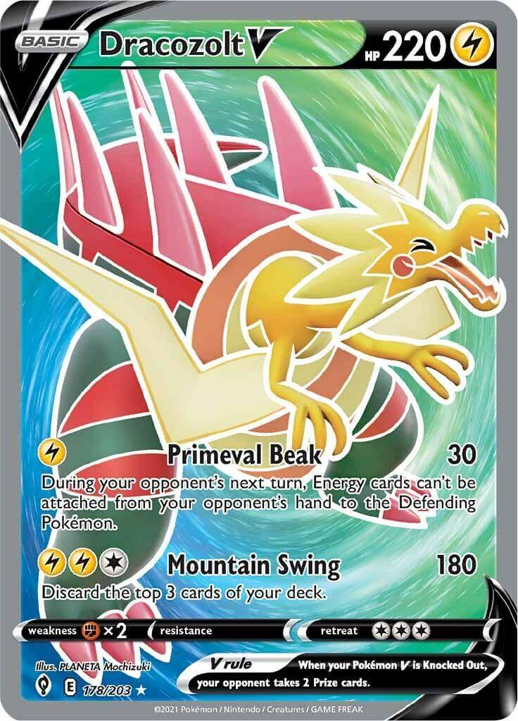 Dracozolt V (178/203) [Sword & Shield: Evolving Skies] card featuring Primeval Beak and Mountain Swing attacks.