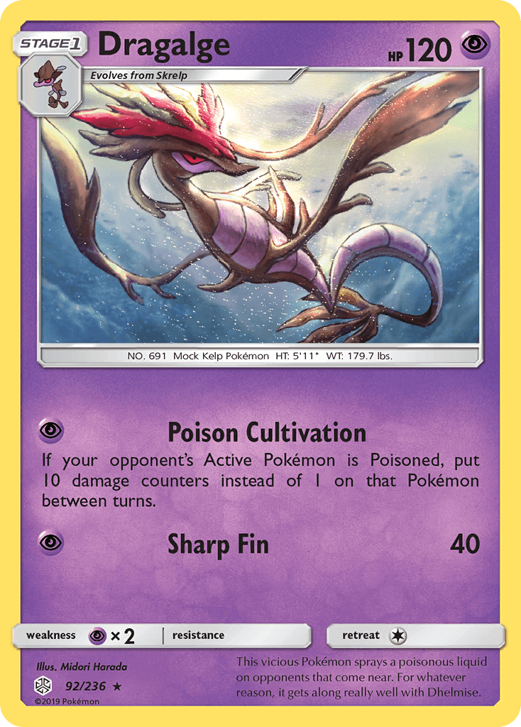 Dragalge (92/236) [Sun & Moon: Cosmic Eclipse] trading card with HP 120 and Poison Cultivation ability.