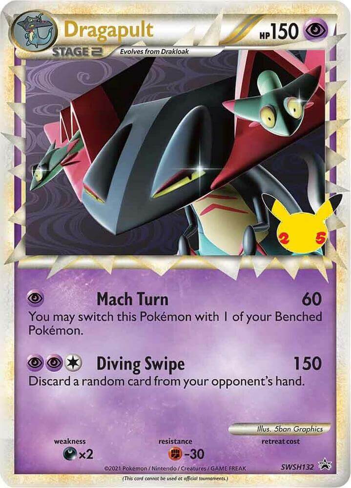 Dragapult (SWSH132) (Celebrations) [Sword & Shield: Black Star Promos] card featuring HP 150 with moves Mach Turn and Diving Swipe.