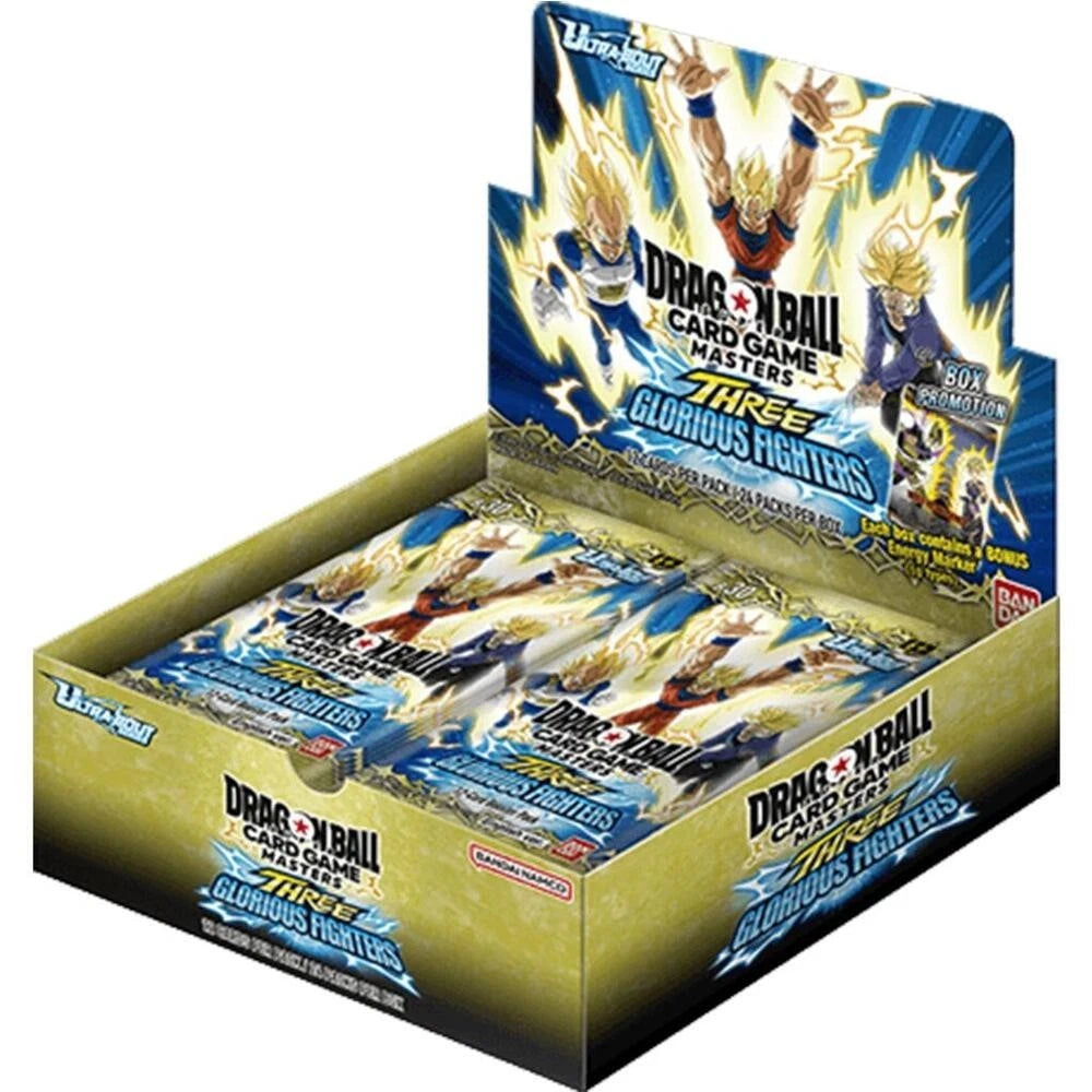 DRAGON BALL SUPER MASTERS TCG THREE GLORIOUS FIGHTERS B30 Booster Box Ships display box with booster packs.