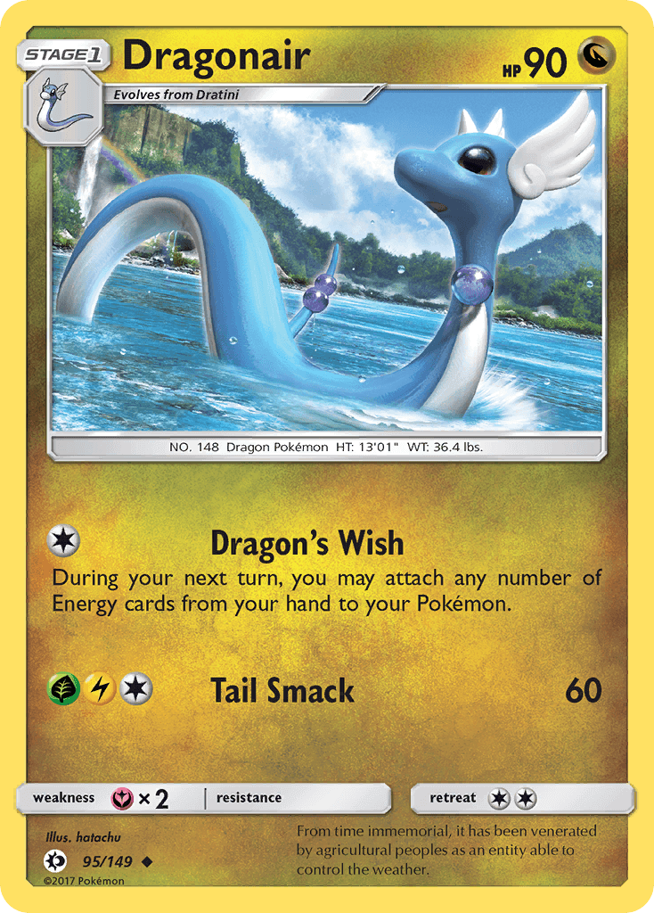 Dragonair (95/149) [Sun & Moon: Base Set] card featuring Dragon's Wish and Tail Smack moves.