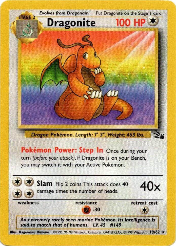 Dragonite (19/62) [Fossil Unlimited] card featuring colorful artwork and stats on Pokémon abilities.