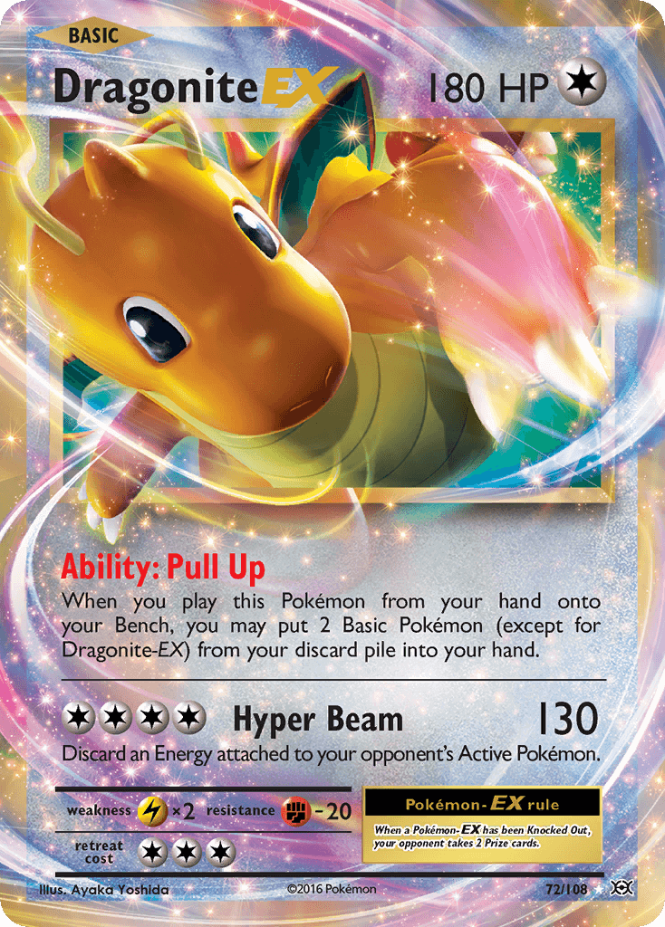 Dragonite EX (72/108) [XY: Evolutions] card featuring 180 HP and abilities like Pull Up and Hyper Beam.