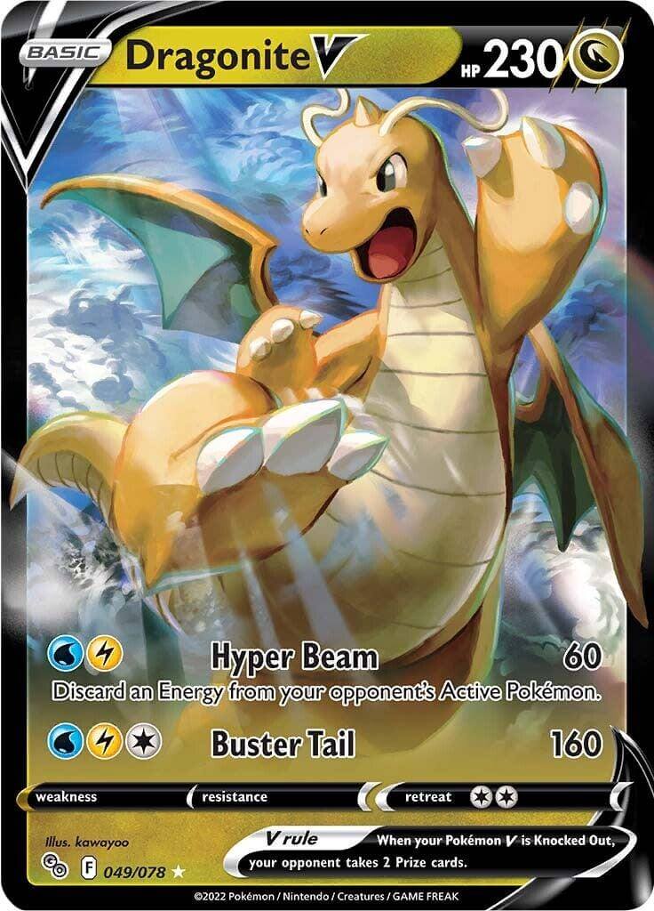 Dragonite V (049/078) [Pokémon GO] card featuring Hyper Beam and Buster Tail moves with Ultra Rare rarity.