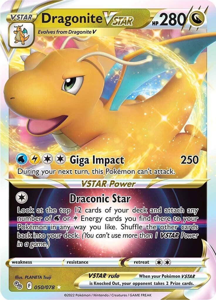Dragonite VSTAR (050/078) [Pokémon GO] card featuring HP 280, Giga Impact attack, and Draconic Star ability.