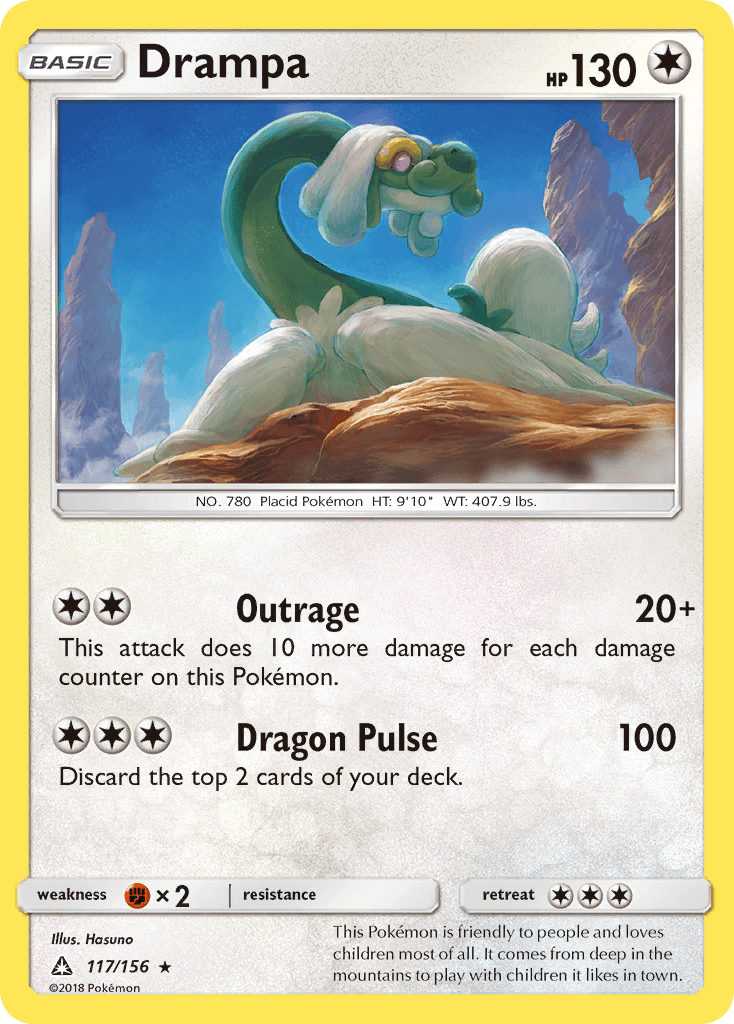 Drampa (117/156) [Sun & Moon: Ultra Prism] showing HP 130 and moves Outrage and Dragon Pulse.