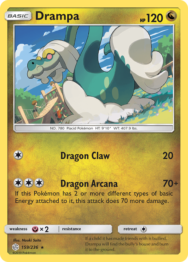 Drampa (159/236) [Sun & Moon: Cosmic Eclipse] card featuring Dragon type Pokémon and its unique abilities.