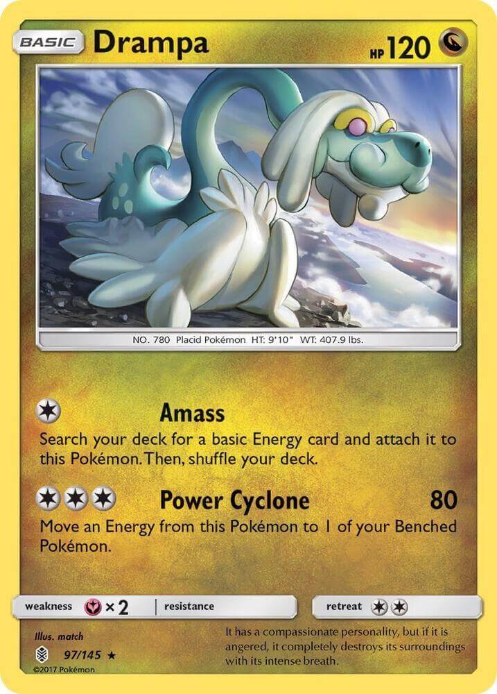 Drampa (97/145) [Sun & Moon: Guardians Rising] card featuring its abilities Amass and Power Cyclone with HP 120.