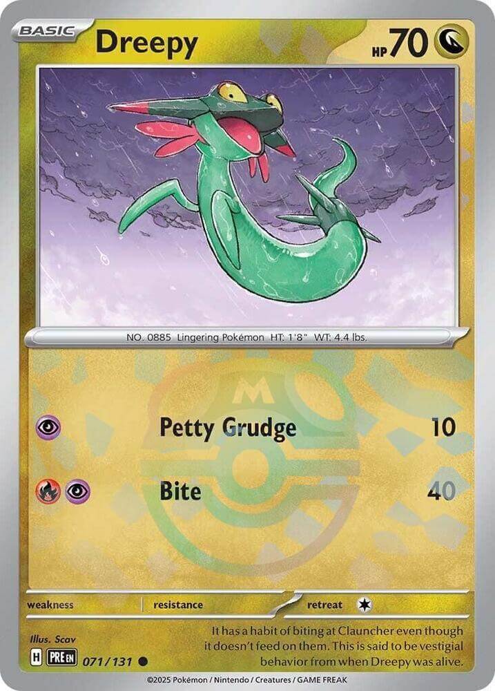 Dreepy (071/131) (Master Ball Pattern) [Scarlet & Violet: Prismatic Evolutions] Pokémon card featuring HP, attacks, and stats.