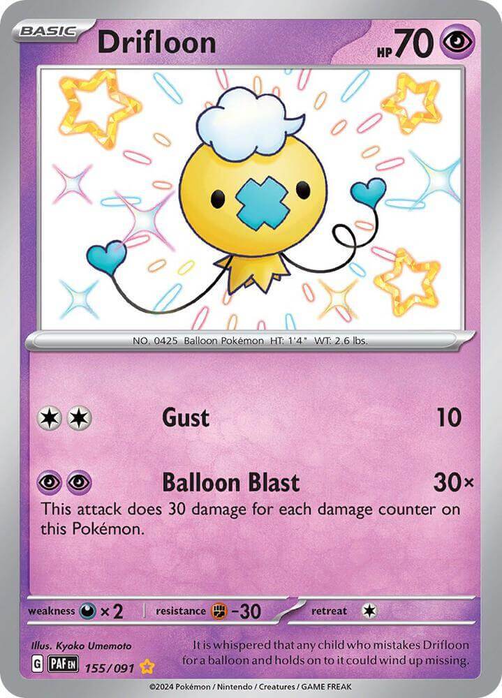 Drifloon (155/091) [Scarlet & Violet: Paldean Fates] card showcasing its Psychic type and Shiny Rare rarity.