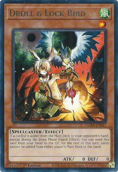 Droll & Lock Bird [TAMA-EN047] Rare card featuring Spellcaster effect, attack 0, defense 0 for Yu-Gi-Oh!