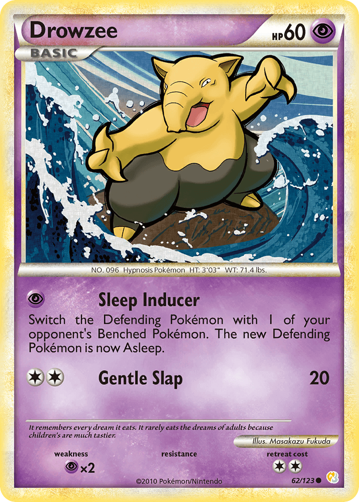 Drowzee (62/123) [HeartGold & SoulSilver: Base Set] featuring a Psychic-type Pokémon card with watercolor background.