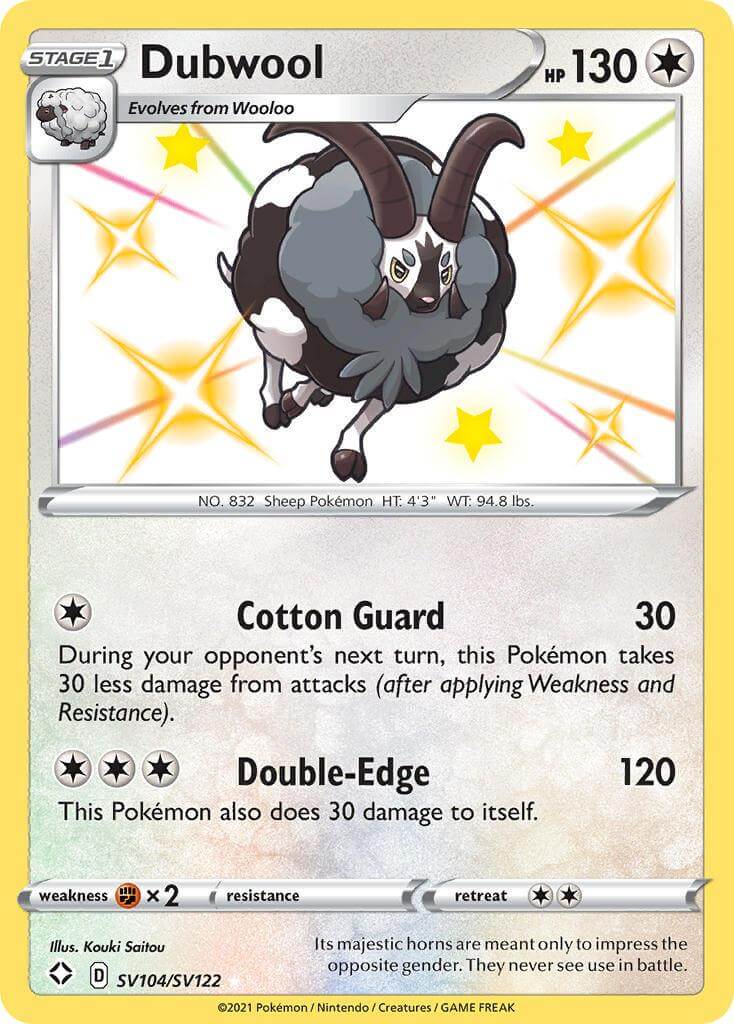 Dubwool (SV104/SV122) [Sword & Shield: Shining Fates] Ultra Rare card with Cotton Guard and Double-Edge abilities.