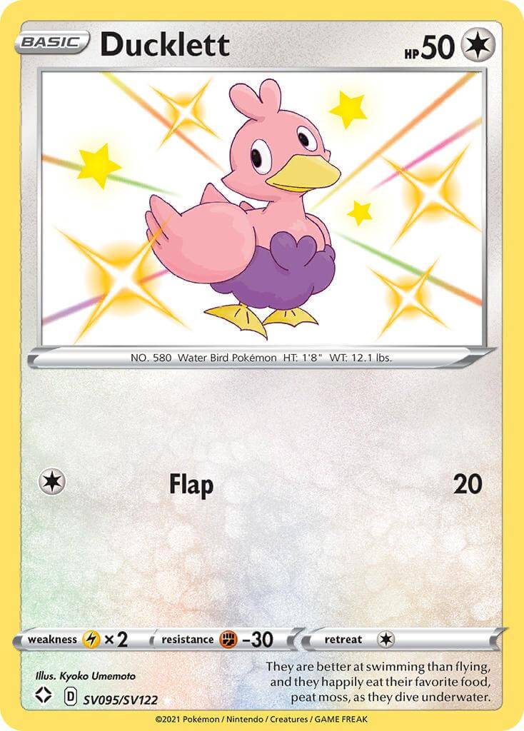 Ducklett (SV095/SV122) [Sword & Shield: Shining Fates] card featuring a pink Water Bird Pokémon and its abilities.