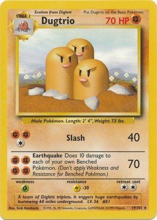 Dugtrio (19/102) [Base Set Unlimited] card with HP stats and attacks, featuring the Mole Pokémon in a vibrant design.