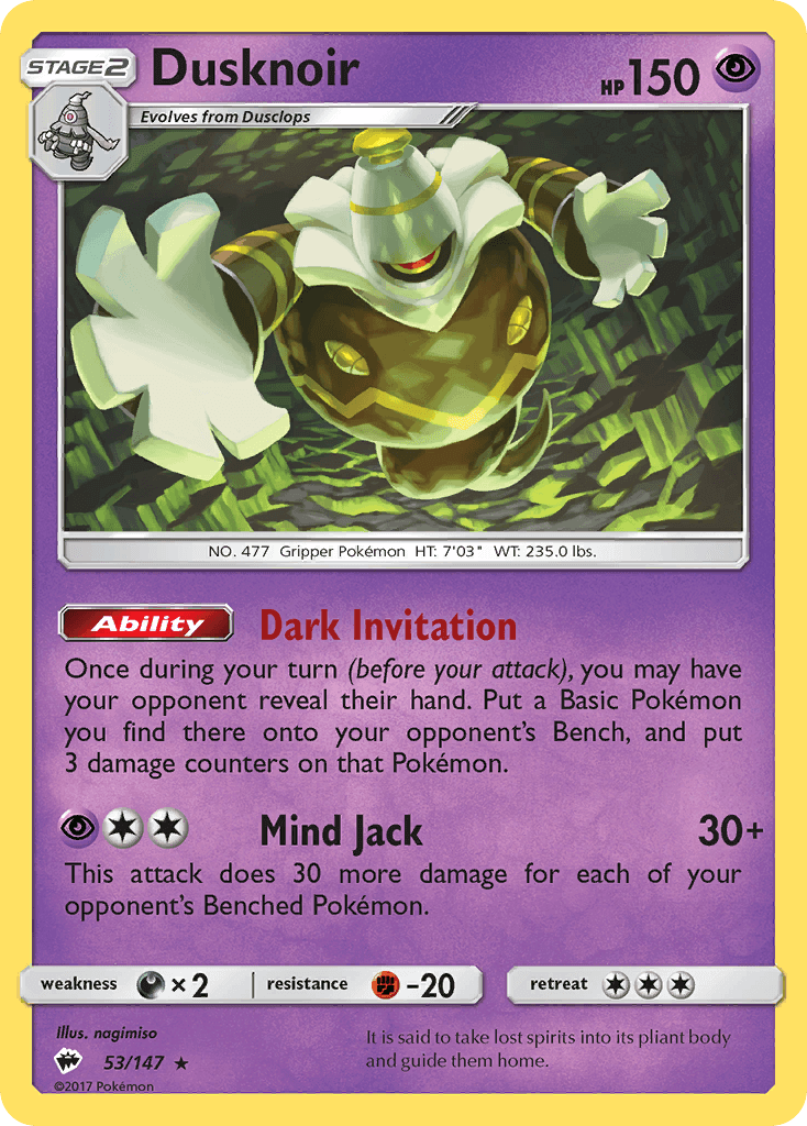 Dusknoir (53/147) [Sun & Moon: Burning Shadows] Holo Rare Psychic Pokémon card with unique abilities.
