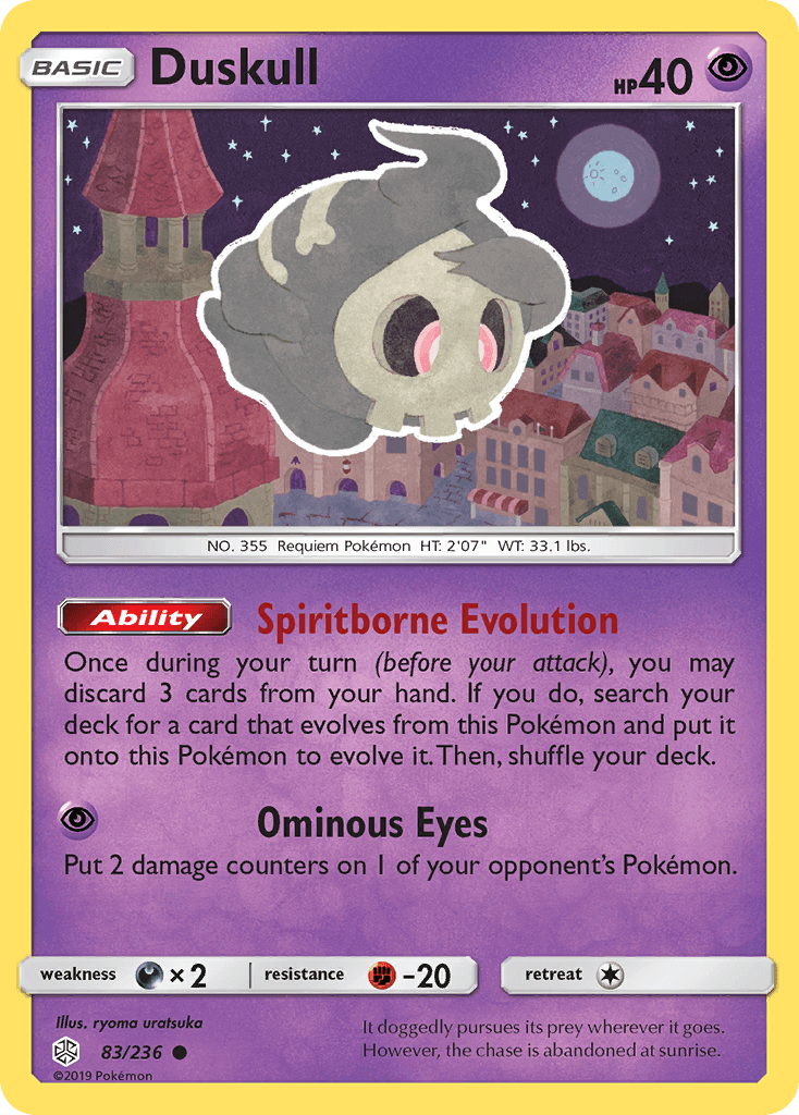 Duskull (83/236) [Sun & Moon: Cosmic Eclipse] showing Spiritborne Evolution ability and Ominous Eyes attack.