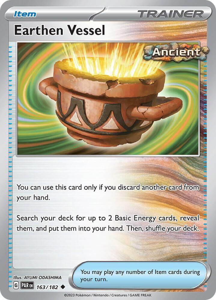 Earthen Vessel (163/182) [Scarlet & Violet: Paradox Rift] card showing item details and usage instructions.