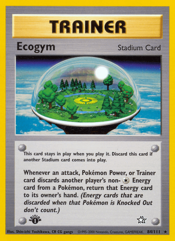 Ecogym (84/111) [Neo Genesis 1st Edition] Stadium Card featuring a domed landscape and game rules.