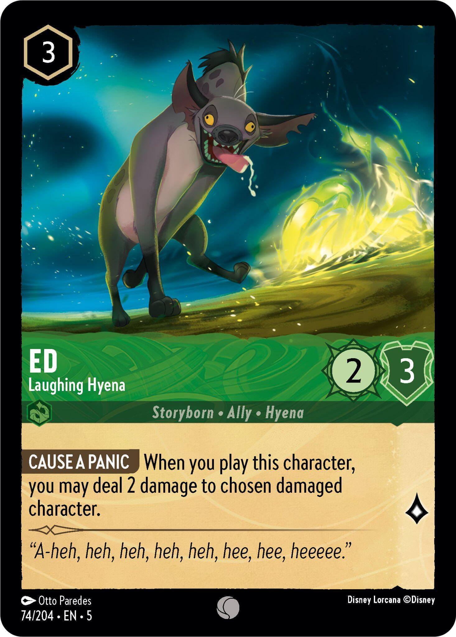 Ed - Laughing Hyena (74/204) [Shimmering Skies] card, character with playful expression and game details.