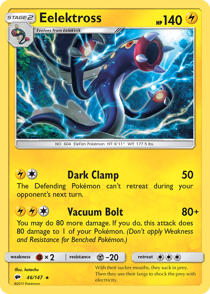 Eelektross (46/147) [Sun & Moon: Burning Shadows] card displaying HP, abilities, and artwork.