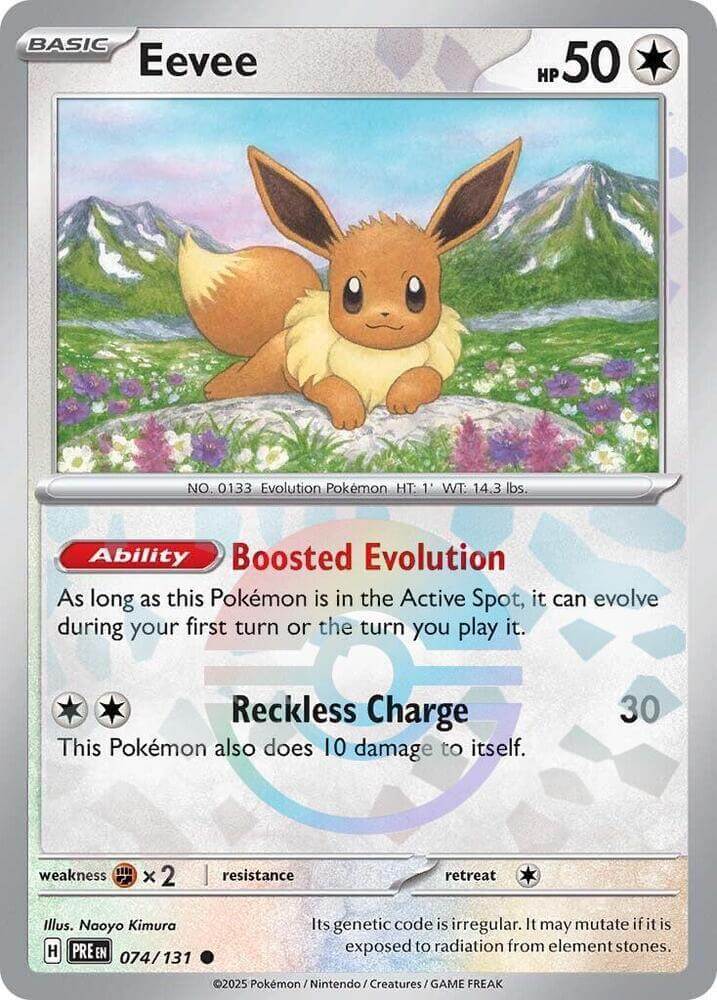 Eevee (074/131) (Poke Ball Pattern) [Scarlet & Violet: Prismatic Evolutions] card featuring boosted evolution ability.