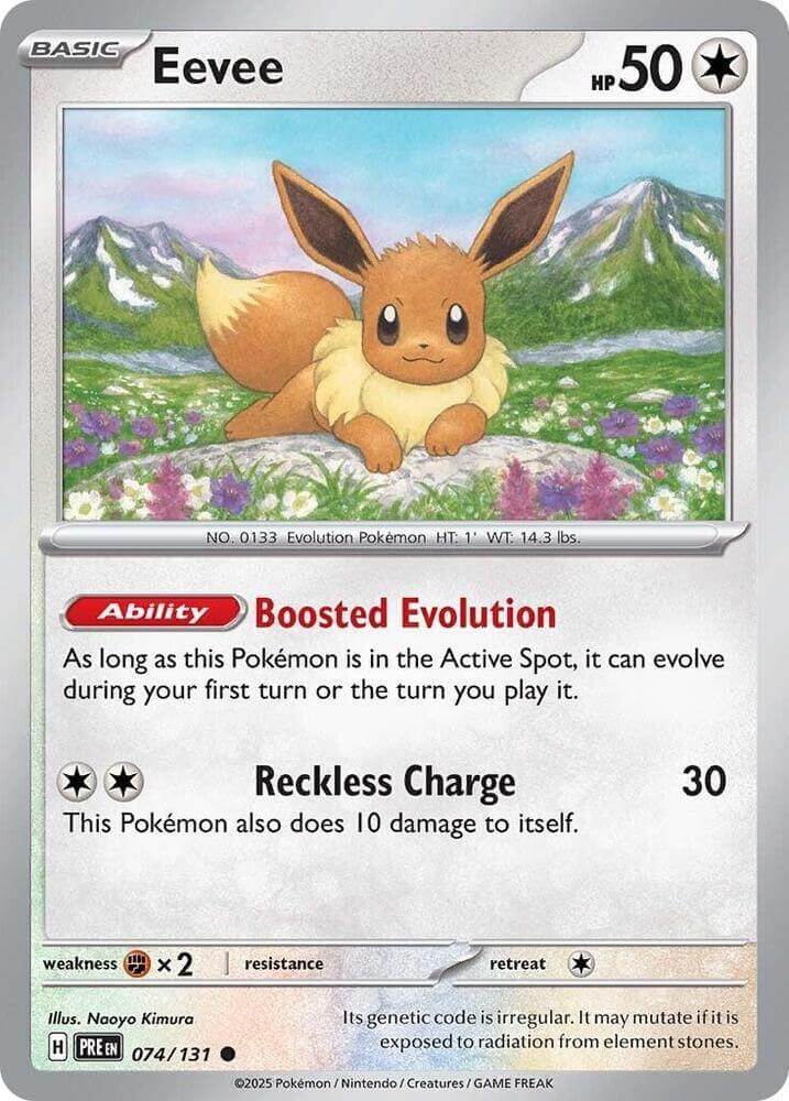 Eevee (074/131) [Scarlet & Violet: Prismatic Evolutions] card featuring a playful Eevee in a vibrant landscape.