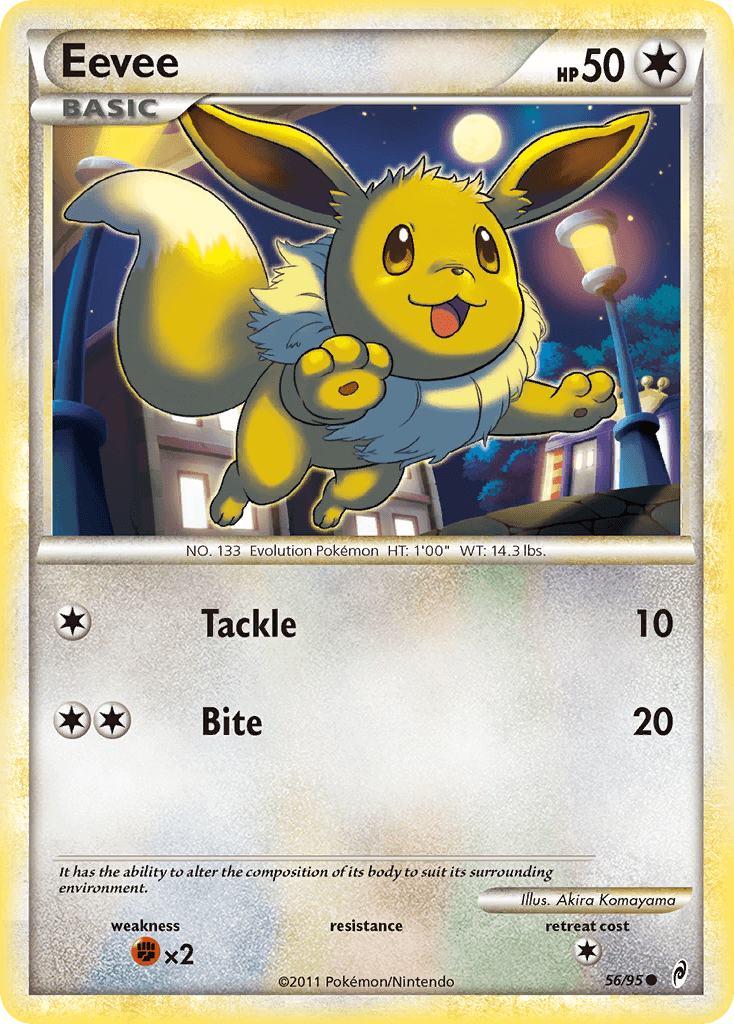 Eevee (56/95) [HeartGold & SoulSilver: Call of Legends] card featuring Tackle and Bite attacks.