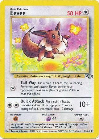 Eevee (51/64) [Jungle Unlimited] card featuring cute illustration with HP stats and attack descriptions.