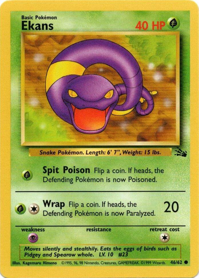 Ekans (46/62) [Fossil Unlimited] card featuring Spit Poison and Wrap moves, showcasing Grass type and common rarity.