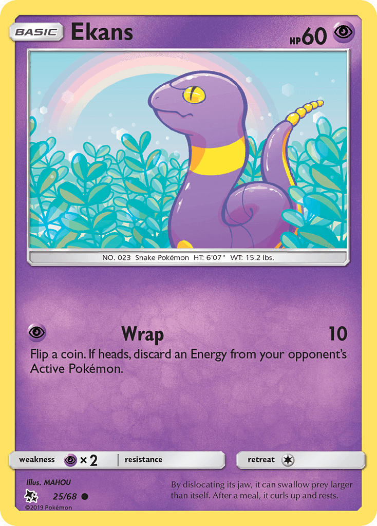 Ekans (25/68) [Sun & Moon: Hidden Fates] trading card featuring a Psychic-type Pokémon in a vibrant setting.