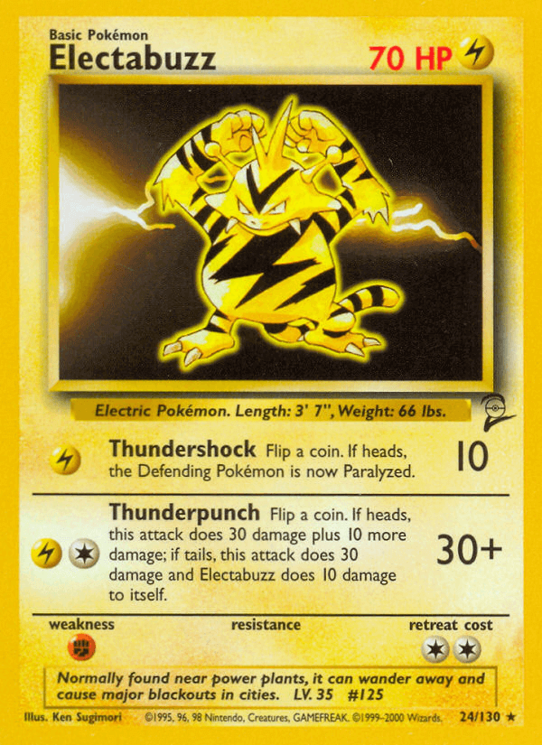 Electabuzz (24/130) [Base Set 2] card featuring Lightning type and rare attributes showcasing its Thundershock and Thunderpunch moves.