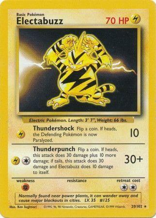 Electabuzz (20/102) [Base Set Unlimited] card showcasing Thunderbolt attack and lightning type features.