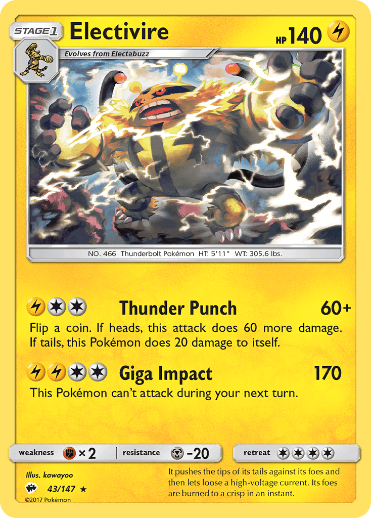 Electivire (43/147) [Sun & Moon: Burning Shadows] card featuring Thunder Punch and Giga Impact moves.