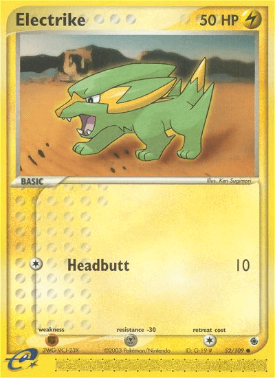Electrike (52/109) [EX: Ruby & Sapphire] card showing its Headbutt move in action.