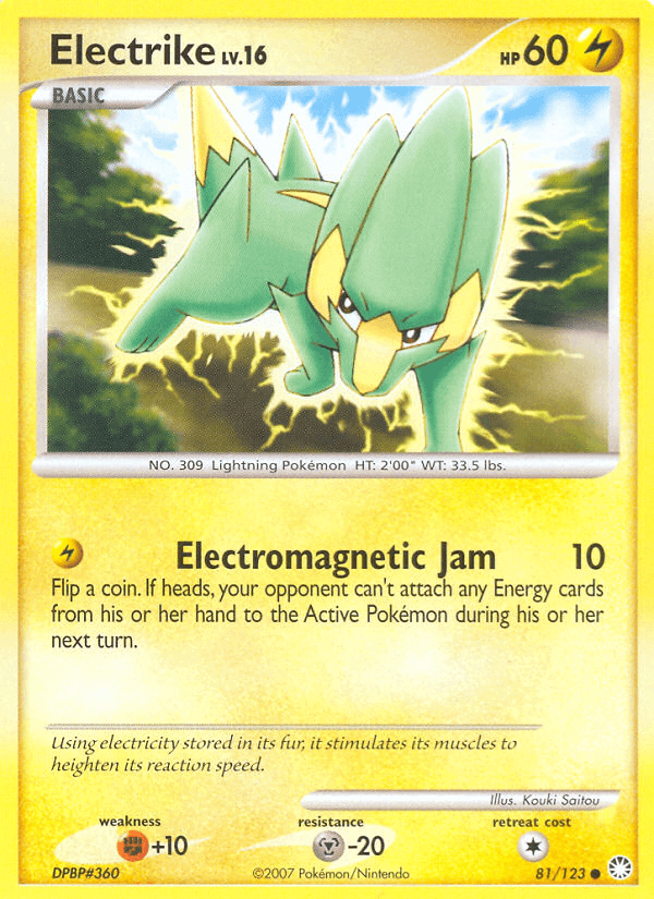 Electrike (81/123) [Diamond & Pearl: Mysterious Treasures] card featuring the Lightning Pokémon in action.