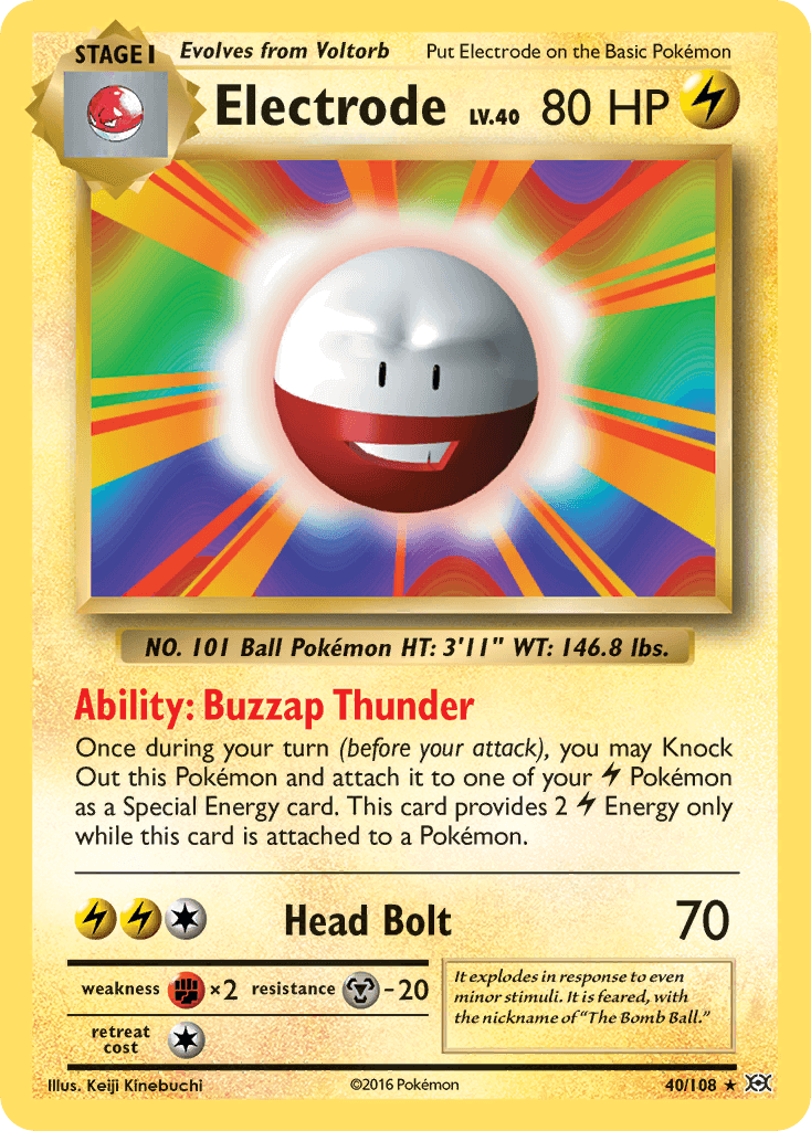 Electrode (40/108) [XY: Evolutions] card featuring abilities and stats including Buzzap Thunder and Head Bolt attack.
