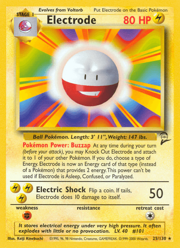 Electrode (25/130) [Base Set 2] card featuring lightning type, rare category, and energy power effects.