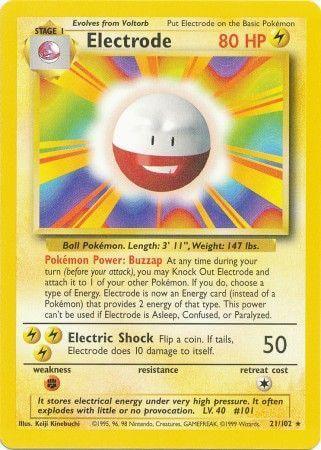 Electrode (21/102) [Base Set Unlimited] - Rare Lightning type card featuring Electric Shock attack and 80 HP.
