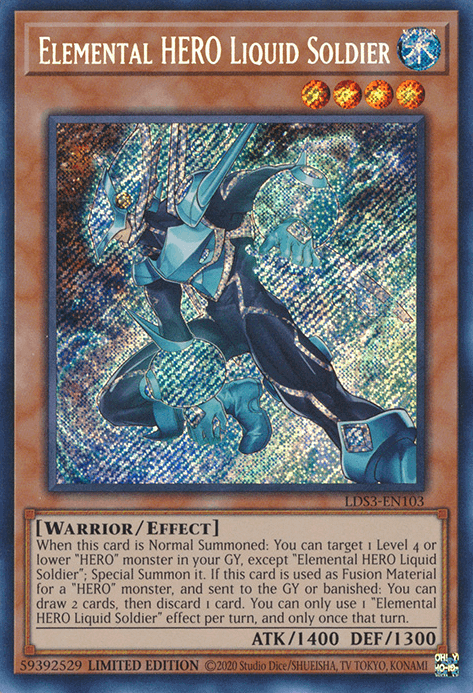 Elemental HERO Liquid Soldier [LDS3-EN103] Secret Rare card featuring detailed artwork and statistics.
