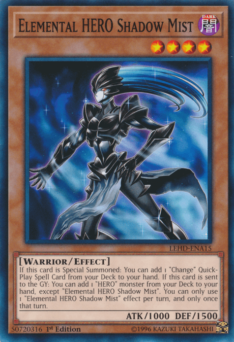 Elemental Hero Shadow Mist [LEHD-ENA15] Common effect monster card with 1000 ATK and 1500 DEF.