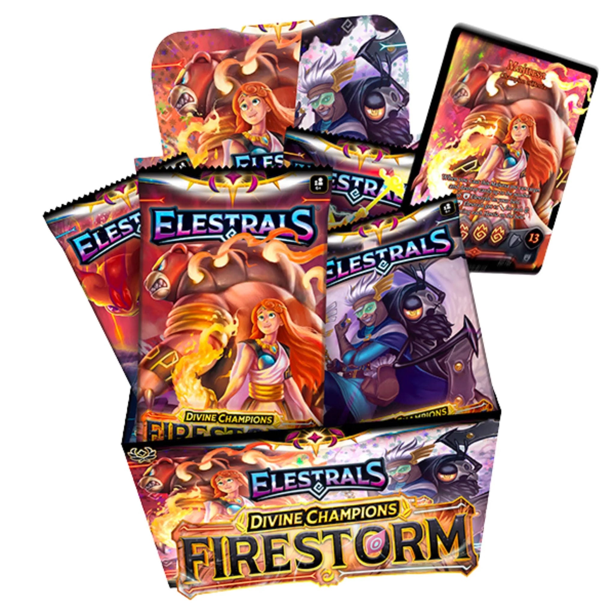 Elestrals: Firestorm: Booster Display featuring packs and cards showcasing powerful Elestrals and Champions.