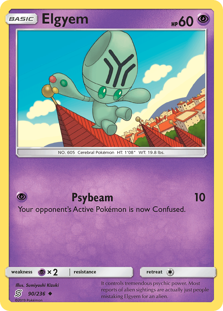 Elgyem (90/236) [Sun & Moon: Unified Minds] card featuring Psychic type Pokémon with Psybeam move.