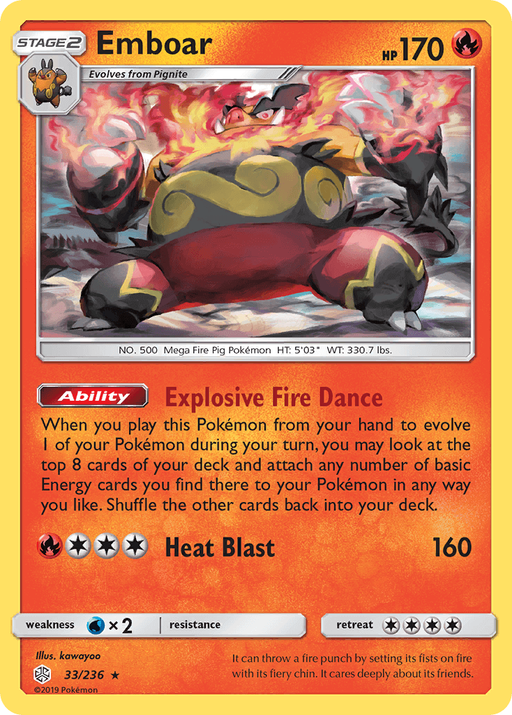Emboar (33/236) [Sun & Moon: Cosmic Eclipse] featuring Explosive Fire Dance ability and Fire type traits.
