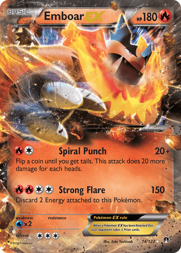 Emboar EX (14/122) [XY: BREAKpoint] card featuring attacks Spiral Punch and Strong Flare.